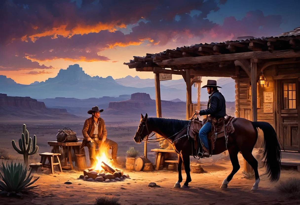 (cowboy特写:1.5),cowboy,,rural,Pub,The Wild West,The Old West,nation,Old fashioned bar,car,Blues Music,Bar reception,Carriage Wheel Chandelier,Wooden floor,whiskey瓶,Dusty atmosphere,Smoky,Cheerful laughter,Swing door,whiskey,Bar stools,Piano Performance,saddle,Western clothing,cowboy帽,cowboy靴,scarf,Leather vest,horse riding,lasso,Revolver,cowboy文化,adventure,confusion,Sheriff,Empty streets,cactus,Dilapidated building,spittoon,Dark corners,Card game,Straw covered floor,Moonlit sky,Stagnant Night, Tumbleweed,Rugged charm,大胆的adventure,Life on the Border,Ancient charm,retro charm,nostalgic vibes,rugged terrain,Warm sunset,Soothing campfire,silhouette of cowboy at twilight,Majestic horse,Stunning sunrise,The bonfire gradually died down,The authenticity of the Wild West,Suspenseful atmosphere,Strong contrast,Soft tones,Vintage film grain,Romantic imagery,Mysterious shadows,Dimly lit interior,Vivid, saturated colors,Warm and cool tones,Soft and warm lighting,Contrast highlights and shadows,Soft diffused light,Rich texture,Clearly layered brushstrokes,depth and dimensionality,Attention to detail,Surrealist depictions.