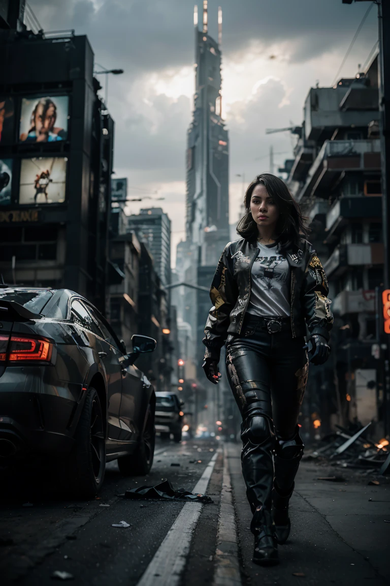 (Highest quality, Ultra HD, 16k, Masterpiece) A powerful girl walks confidently in front of her rugged, futuristic car amidst a chaotic and war-torn metropolis. The shot is a medium to long view, capturing her determined presence and the complete surroundings around her. She gazes ahead with a fierce, unyielding expression, embodying strength and resolve. She wears a fitted mecha tshirt under a stylish jacket and jeans pants, her attire blending practicality with a touch of modern flair. The jacket is detailed with guns, rifles, and utility pockets, enhancing her battle-ready appearance. Her hair is tousled and windswept, adding to her dynamic presence. The car behind her is a heavily modified, armored vehicle, its exterior scarred from countless battles. It stands as a testament to her resilience and resourcefulness, with various gadgets and weapons mounted on its frame. The car's sleek, complements the overall gritty atmosphere. In the background, the entire skyline of the metropolis is visible, partially obscured by smoke and ash. Skyscrapers tower amidst the chaos, many of them heavily damaged with gaping holes and crumbling facades. Explosions light up the scene, casting an eerie glow over the widespread destruction. Spaceships hover menacingly in the sky, engaged in fierce aerial battles, their sleek designs contrasting with the devastation below. The ground is littered with debris and remnants of destroyed structures, adding to the sense of a world torn apart by conflict. Scraps of metal, shattered glass, and remnants of vehicles are scattered across the landscape, emphasizing the scale of destruction. The lighting is dramatic, with sharp contrasts that highlight the textures of her attire and the metallic surface of her car. The interplay of light and shadow emphasizes the intense expression on her face and the chaos in the background. Hollywood action movie. Action film, ((tshirt)), (((fully covered mecha tshirt))), (((mecha jacket on top))), (((guns)))