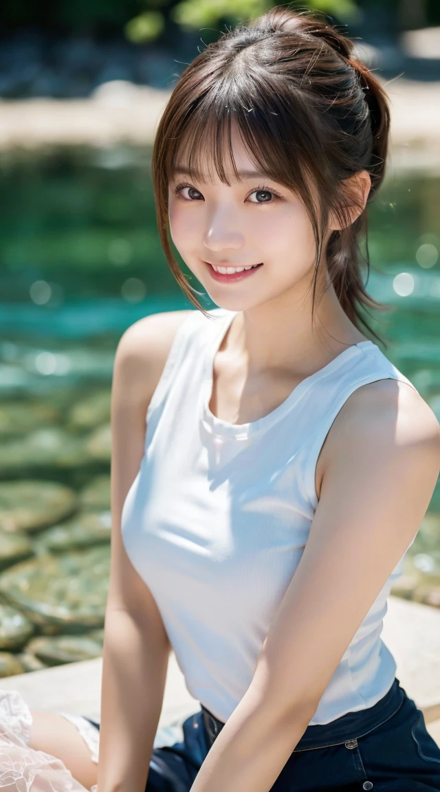 close-up of beautiful Japanese female, 20-year-old, cute, Japanese, Natural Lips, ponytail, wearing sleeveless shirt, at the stream side, bokeh background, UHD, perfect bodies, perfect arms, Perfect fingers, perfect legs, perfect hair, pores, Realistic skin texture, perfect teeth, full body, (highest quality, masterpiece:1.3, ultra high resolution), (Super detailed, caustics, 8k), (photorealistic:1.4, RAW shooting), 1 girl, (look at the camera with a smile)