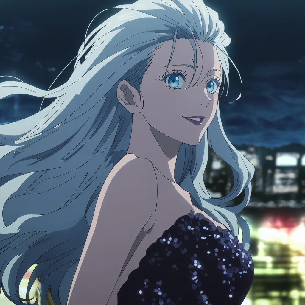 1girl, female gojo satoru, anime screencap from jujutsu kaisen, gojo satoru female version, solo, long_Silver hair, wavy hair, black round sunglasses, Blue Eyes, parted_lips, smiling, looking_at_viewer, perfect background, outdoors, side view, eyelashes, (elegant prom night outfit), hair_between_eyes, floating hair, ((hair slicked from one side)), City in background,night,The character in the image has striking long, flowing hair with a slight wave, One side is shaved,
