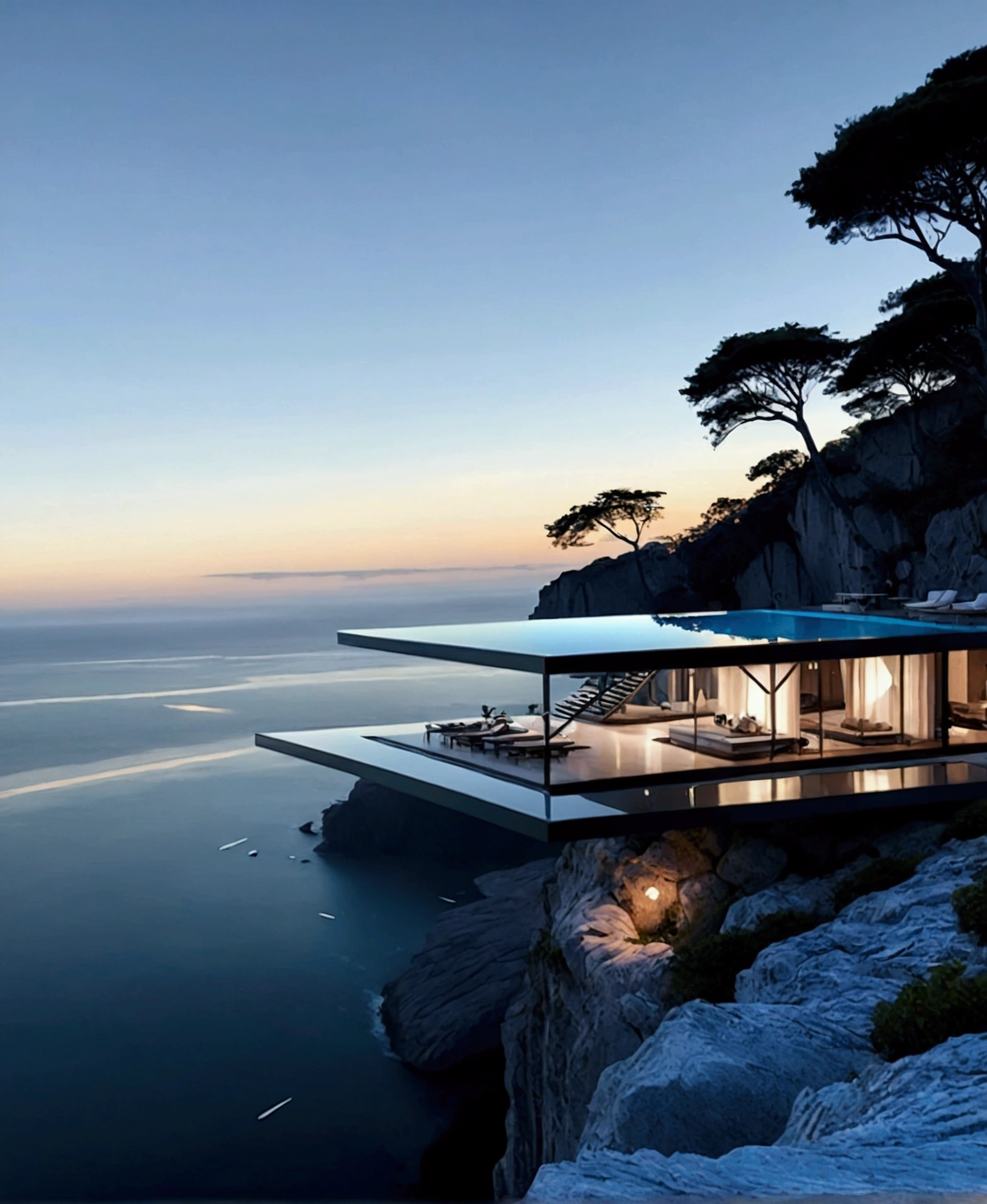 
The image showcases a breathtaking modern architectural marvel set against a serene ocean backdrop. The building features an infinity pool on an upper deck that seamlessly blends with the horizon, creating a mesmerizing visual effect. Below this level is a spacious, open-air living area with minimalist furniture, including lounge chairs, a coffee table, and a sofa, all designed to maximize comfort while maintaining a sleek aesthetic.

The structure is perched on the edge of a cliff, offering stunning panoramic views of the ocean and distant mountains. A large tree nearby adds a touch of natural beauty and contrast to the modern design. The use of glass walls allows for unobstructed views and an abundance of natural light, enhancing the feeling of being immersed in the surrounding landscape.

Overall, the image exudes a sense of tranquility, luxury, and harmony with nature, making it an ideal setting for relaxation and contemplation.