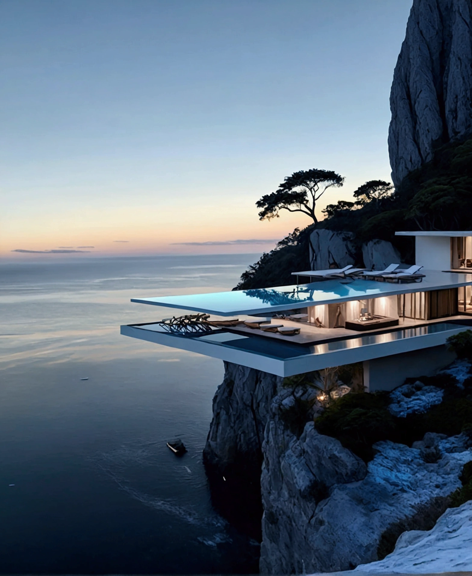 
The image showcases a breathtaking modern architectural marvel set against a serene ocean backdrop. The building features an infinity pool on an upper deck that seamlessly blends with the horizon, creating a mesmerizing visual effect. Below this level is a spacious, open-air living area with minimalist furniture, including lounge chairs, a coffee table, and a sofa, all designed to maximize comfort while maintaining a sleek aesthetic.

The structure is perched on the edge of a cliff, offering stunning panoramic views of the ocean and distant mountains. A large tree nearby adds a touch of natural beauty and contrast to the modern design. The use of glass walls allows for unobstructed views and an abundance of natural light, enhancing the feeling of being immersed in the surrounding landscape.

Overall, the image exudes a sense of tranquility, luxury, and harmony with nature, making it an ideal setting for relaxation and contemplation.