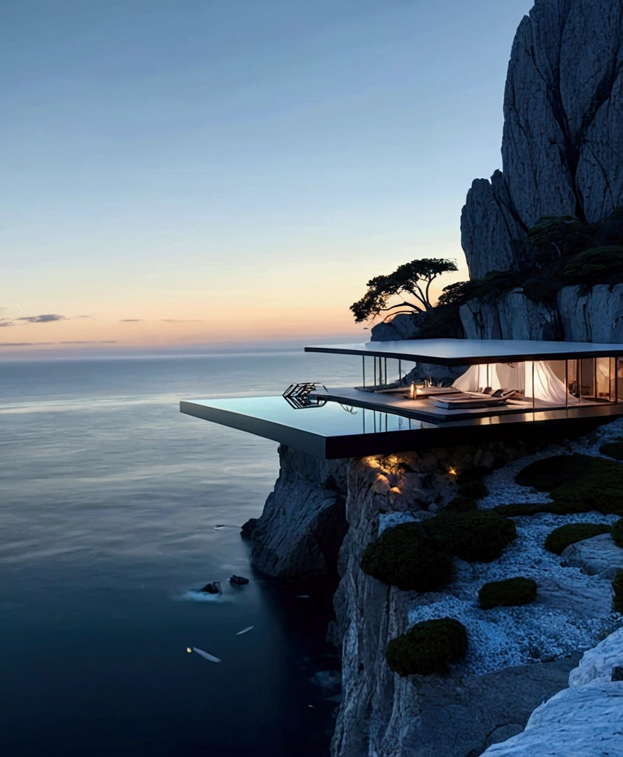 
The image showcases a breathtaking modern architectural marvel set against a serene ocean backdrop. The building features an infinity pool on an upper deck that seamlessly blends with the horizon, creating a mesmerizing visual effect. Below this level is a spacious, open-air living area with minimalist furniture, including lounge chairs, a coffee table, and a sofa, all designed to maximize comfort while maintaining a sleek aesthetic.

The structure is perched on the edge of a cliff, offering stunning panoramic views of the ocean and distant mountains. A large tree nearby adds a touch of natural beauty and contrast to the modern design. The use of glass walls allows for unobstructed views and an abundance of natural light, enhancing the feeling of being immersed in the surrounding landscape.

Overall, the image exudes a sense of tranquility, luxury, and harmony with nature, making it an ideal setting for relaxation and contemplation.