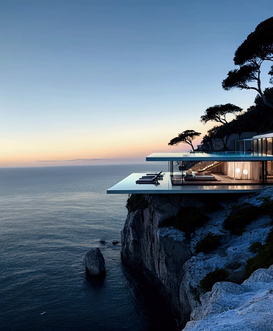 
The image showcases a breathtaking modern architectural marvel set against a serene ocean backdrop. The building features an infinity pool on an upper deck that seamlessly blends with the horizon, creating a mesmerizing visual effect. Below this level is a spacious, open-air living area with minimalist furniture, including lounge chairs, a coffee table, and a sofa, all designed to maximize comfort while maintaining a sleek aesthetic.

The structure is perched on the edge of a cliff, offering stunning panoramic views of the ocean and distant mountains. A large tree nearby adds a touch of natural beauty and contrast to the modern design. The use of glass walls allows for unobstructed views and an abundance of natural light, enhancing the feeling of being immersed in the surrounding landscape.

Overall, the image exudes a sense of tranquility, luxury, and harmony with nature, making it an ideal setting for relaxation and contemplation.