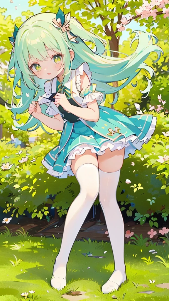 idol, yuri, beautiful girl,masterpiece,best quality,official art,Extremely detailed CG unified 8K wallpaper, A girl with light green ink hair color,Green dress,mini skirt,Her green mini skirt was blown up by the wind,shy,Awkward,The wind blows to the front,Looking shyly at the audience 1.3),((Wearing white stockings 1.3)),No shoes,Press the skirt in front with your hands 1.3)Skirt flying,((Sakura tree trail background 1.3))