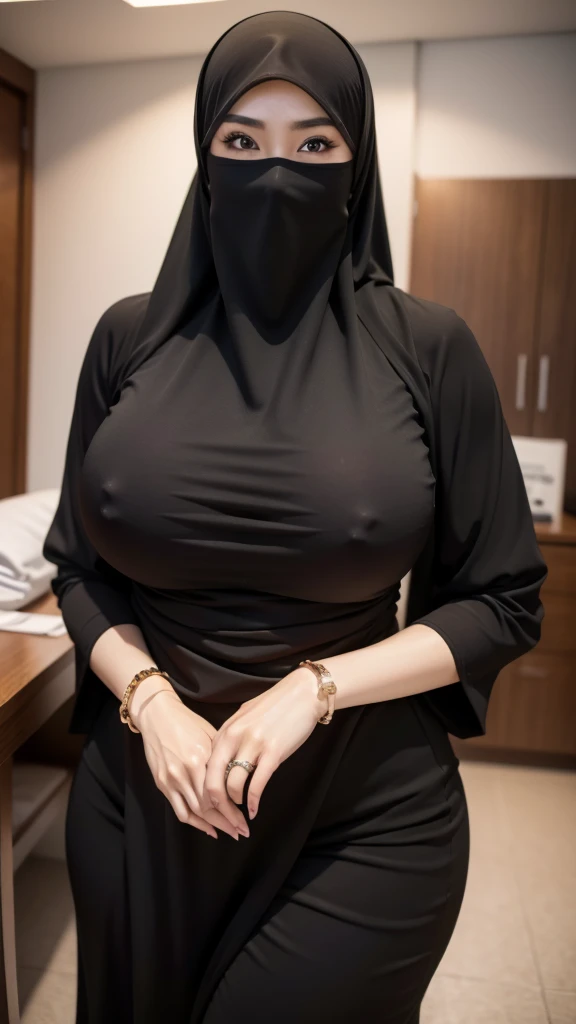 8K, high quality, nice lighting, soft lighting, realistic, dark eyes, sexy, big breasts, thighs, wide hips, malaysia dress, black dress, long sleeves, sexy lady, asian, hijab, niqab, sexy pose, showing big thighs, nice body, natural largest breast, wearing rings for woman, Jewelry, office girl, sexy posing, hand sock, mature woman, malaysia girl