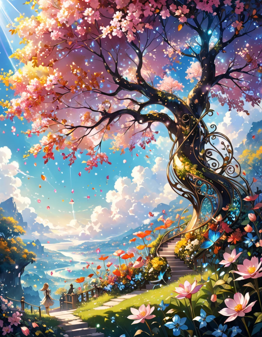 Everything is expressed in jewellery, The arrival of spring,Fall,Cute fairy, excellent scenery, transparency, The angle of looking from the bottom up, Various jewels falling from the sky, Wonderful and beautiful view, Slightly hazy, excellent, high resolution, 8K, (best quality, high resolution, Practical:1.37), Shiny metallic flowers, Intricate and delicate petals, Reflective surface, Vibrant colors, Intricate details, Close-up view, Surreal Garden, Surreal beauty, Dreamy atmosphere, art, Abstract botany, Metal Sculpture, Contrasting Textures, Ethereal Light