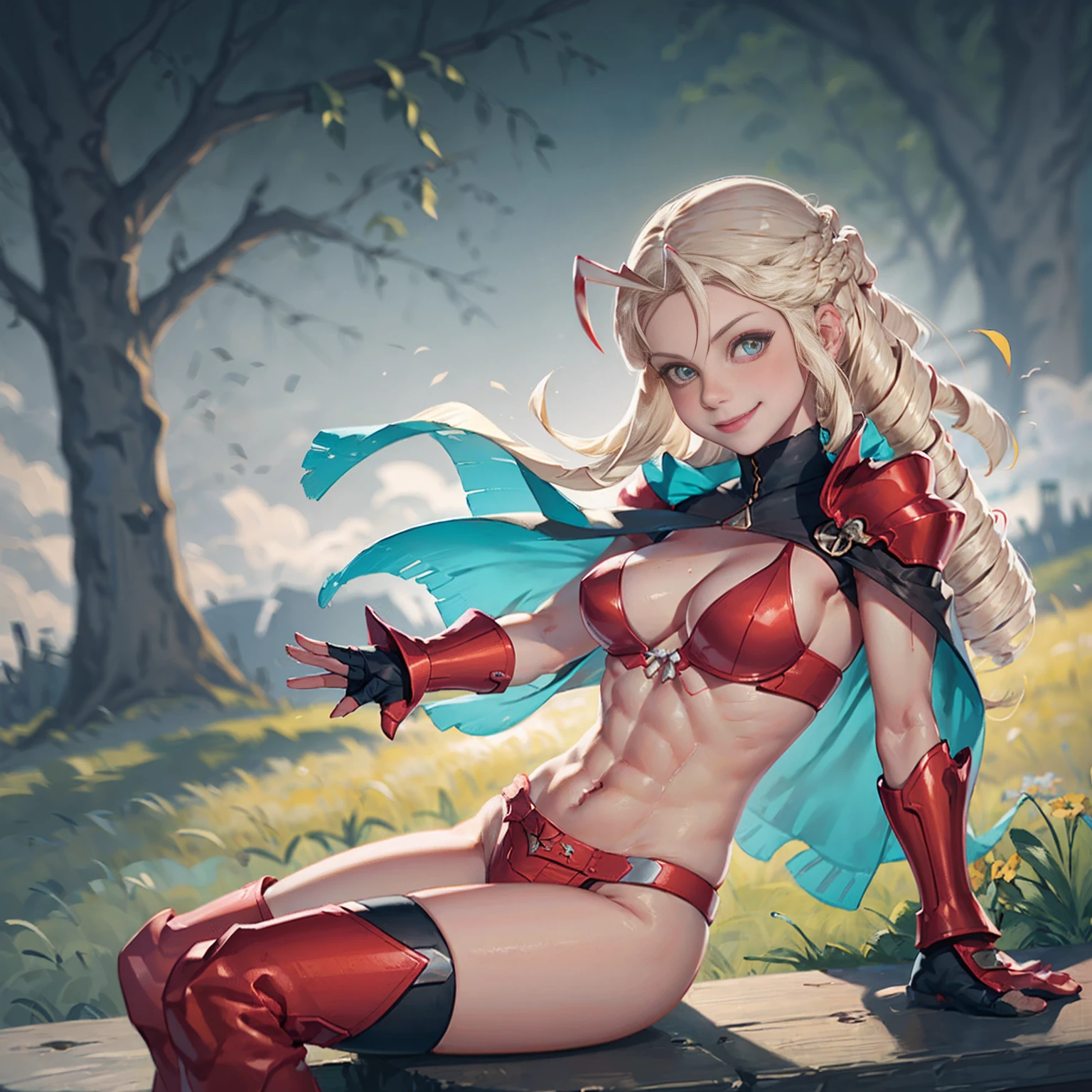 Lancer Artoria body (Alexis Texas Face), elegant adult female, blonde, green eyes (yellow eyelashes) crown, turtleneck, full body sitting on a bench, showing ass to me, RED breastplate, RED skin (1SologirlRED skin:1.2), looking at viewer, shiny, armor, thigh highs, high boots, pauldrons shoulder armor, faulds, poleyn, RED gloves gauntlets, rerebrace, RED military armored boots, yordle muscular lean platinum blonde long twin tails hairstyle at the bedroom lustful smirking smile face red blushed, blush, strong abs, female body builder, tiara, twin drills hair, (masterpiece, best quality, ultra detailed, best shadow)