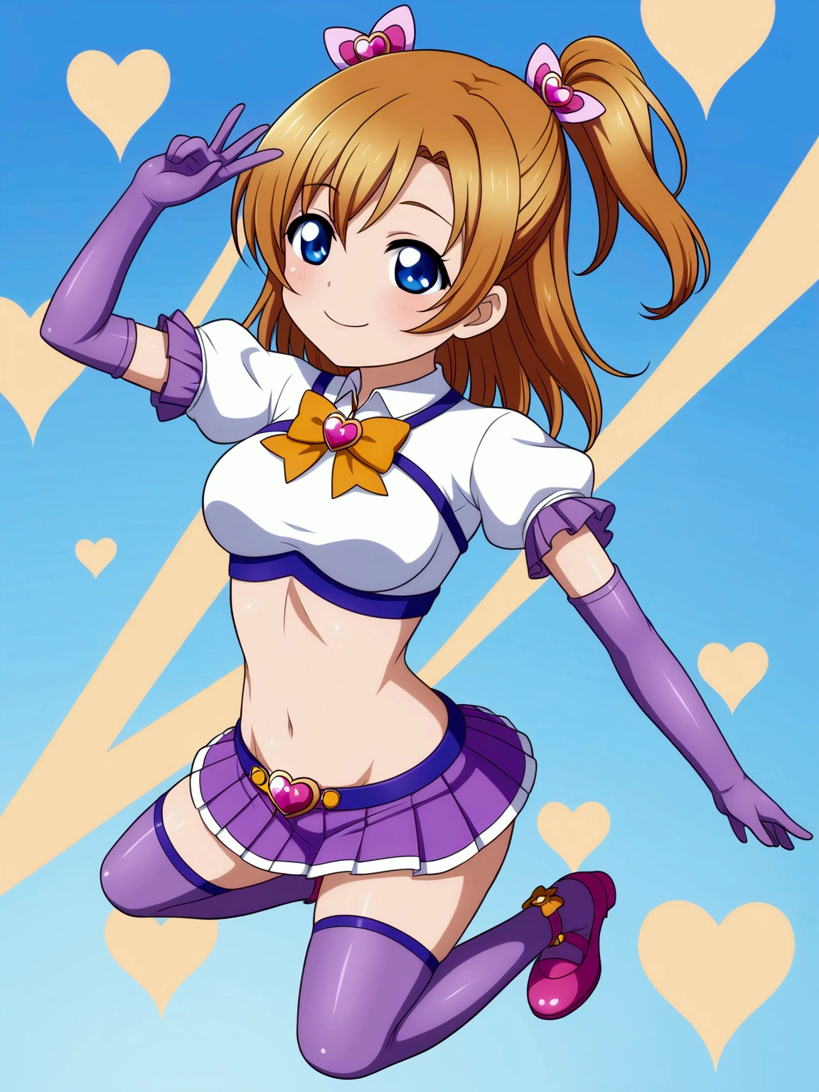 (Masterpiece, Best Quality, High Quality), Kousaka honoka, purple elbow gloves, white top,short sleeves, micro pleated skirt, purple skirt, light purple thighhighs, magical girl , midriff , blue eyes,solo,chibi,full body 