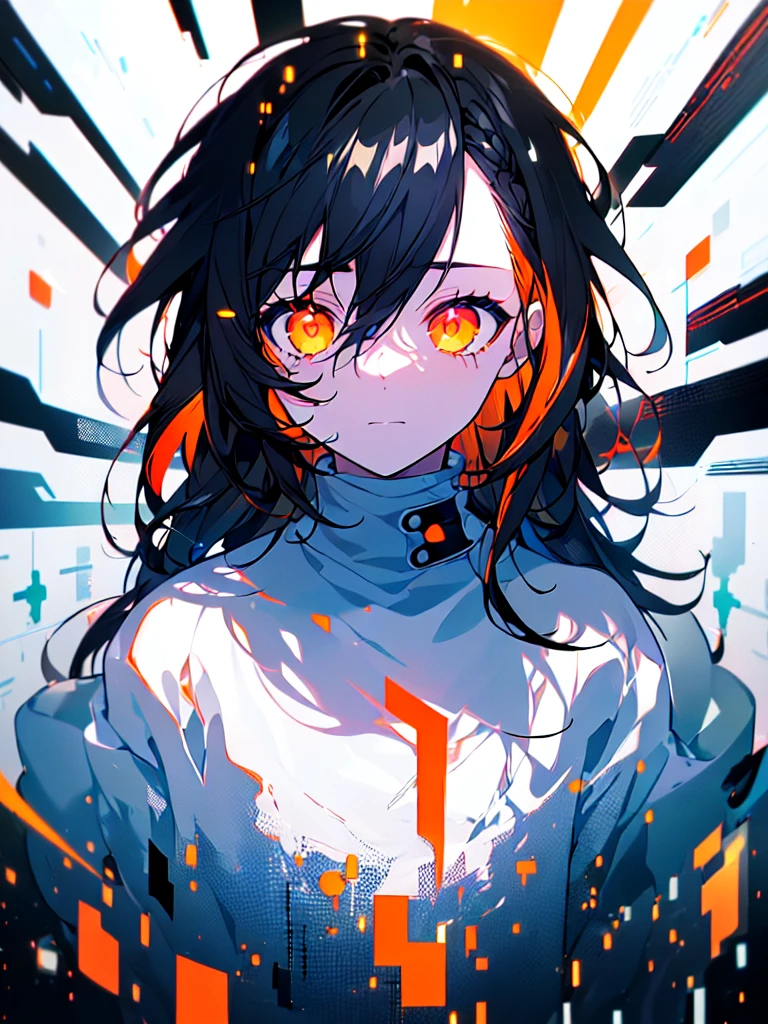 [(WHITE BACKGROUND:1.5),::5], ((((masterpiece)))), high quality, ultra very high resolution, full color, (((solo))), ((little boy)), Black hair, ((White streaked hair)), (orange eyes), anime, ((upper body)), black parka, (Black Glitch effect:1.5)