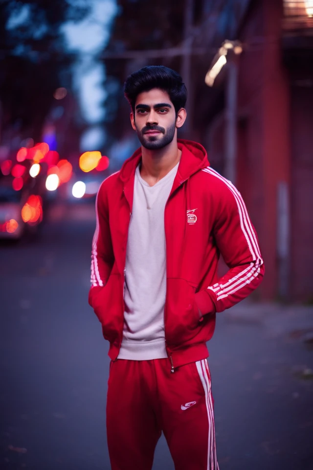 Sacha Dhawan a man realistic photo in a worn ((red tracksuit, massive hairy pecs)), ((light bokeh)), intricate, (steel metal [rust]), elegant, sharp focus, photo by greg rutkowski, soft lighting, vibrant colors, (masterpiece), ((streets)), (detailed face), looking at viewer, light smile, night, walking towards viewer, cinematic lighting, beautiful lighting, cinematic lighting, (hazy filter, film grain:1.2)