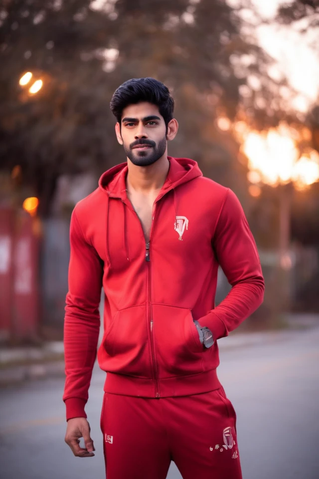 Sacha Dhawan a man realistic photo in a worn ((red tracksuit, massive hairy pecs)), ((light bokeh)), intricate, (steel metal [rust]), elegant, sharp focus, photo by greg rutkowski, soft lighting, vibrant colors, (masterpiece), ((streets)), (detailed face), looking at viewer, light smile, night, walking towards viewer, cinematic lighting, beautiful lighting, cinematic lighting, (hazy filter, film grain:1.2)