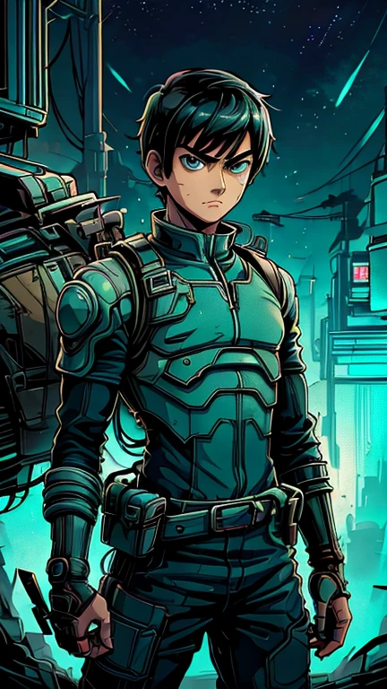 (Teens:1boy: rock lee,CyberpunkAI), (extremely detailed CG unit 8k wallpaper),(master part), (best quality), (ultra detali), (best illustration),(melhor ombre), cowboy shot, (Sharp eyeliner, ombre, detailedeyes:1), Konoha Village background, ,break , (star15escola:1.2), upper body,very short hair ,black buzzcut hair, blue jumpsuit