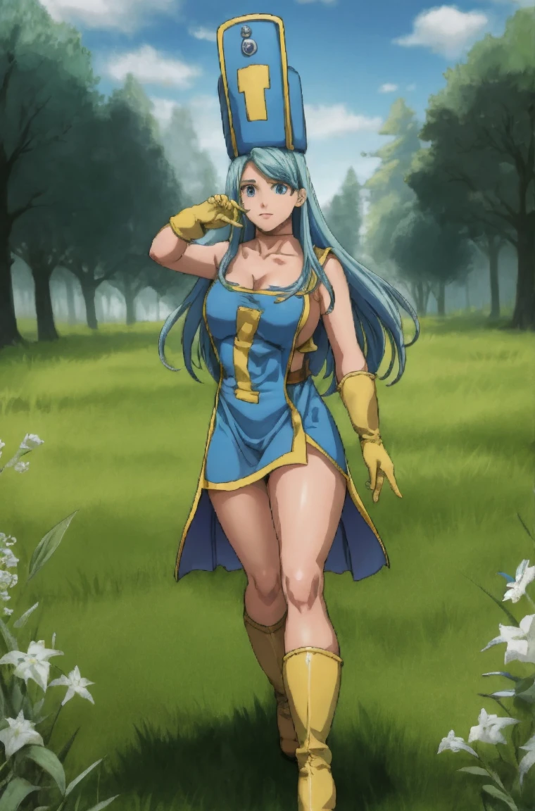 masterpiece, best quality, ultra-detailed, illustration, sage_(dq3), 1girl, (holding staff, staff:1.3), solo, long hair, blue hair, long blue mitre, blue eyes, large breasts, yellow gloves, (skintight fullbody orange leotard:1.2), blue front dress, yellow boots, holding out her priestess mace, standing, full body, grass, wind lift, simple background - nature background, BREAK, JRPG-style surrounded by slime monsters on the open meadow:1.2, battle-stance, 