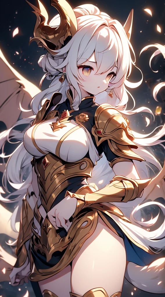 Dragon Girl，knight女孩，穿着knight铠甲的女孩，Breastplate，Skirt Armor，Arm Guard，Leggings，Bare thighs，丝绸Knee socks，Knee socks，White hair，Long hair，Single ponytail hairstyle，Dragon Horn女孩，Dragon Wings，Girl with wings，Dragon Horn，horn，巨Dragon Wings，White Wings，Dragon Tail，巨Dragon Tail，Long Tail，thick tail，Fat Tail，Smooth tail，White Tail，Scales，Scales衣服，knight，knight girl，Close-up above the waist，Upper body close-up，mature body，Big breasts，Big breasts，Wide crotch，Royal sister，big sister，Heroic，Manic，Wild，Feral