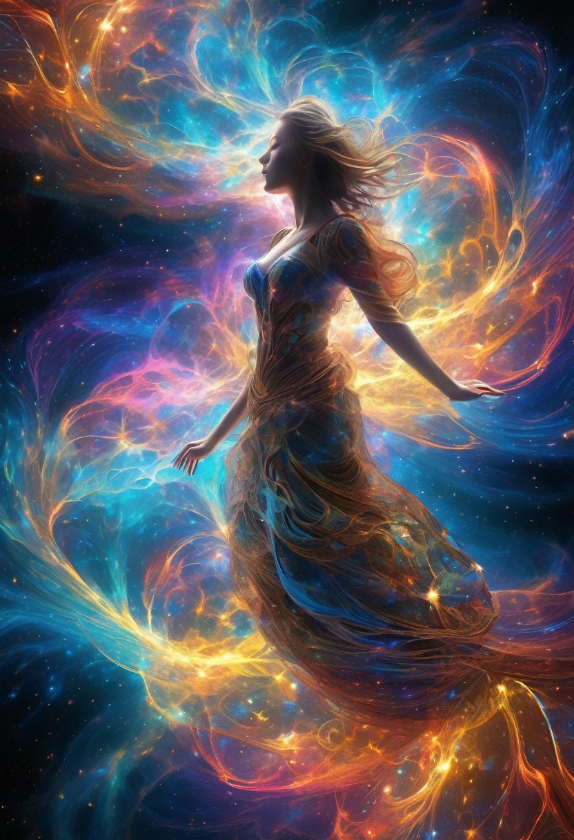 an incredible and spectacular scene of a female figure emerging from a luminous cloud, fractal threads of nebula enveloping her breasts and hips, cosmic entities, celestial, cosmic, vibrating and bright, vortices, swirling, unrealistic, high contrast, symbolism, magical, mystical, mystifying, hyperrealistic, oversaturated, colorful