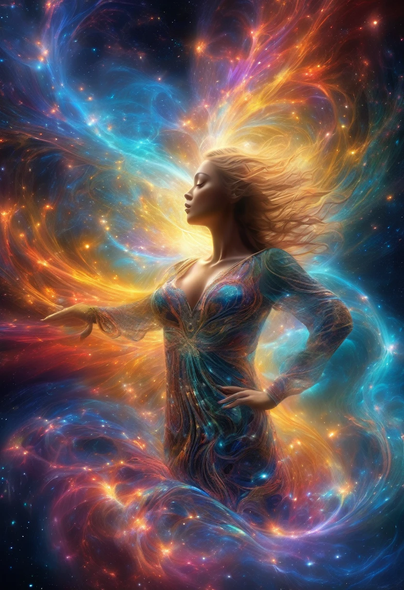 an incredible and spectacular scene of a female figure emerging from a luminous cloud, fractal threads of nebula enveloping her breasts and hips, cosmic entities, celestial, cosmic, vibrating and bright, vortices, swirling, unrealistic, high contrast, symbolism, magical, mystical, mystifying, hyperrealistic, oversaturated, colorful