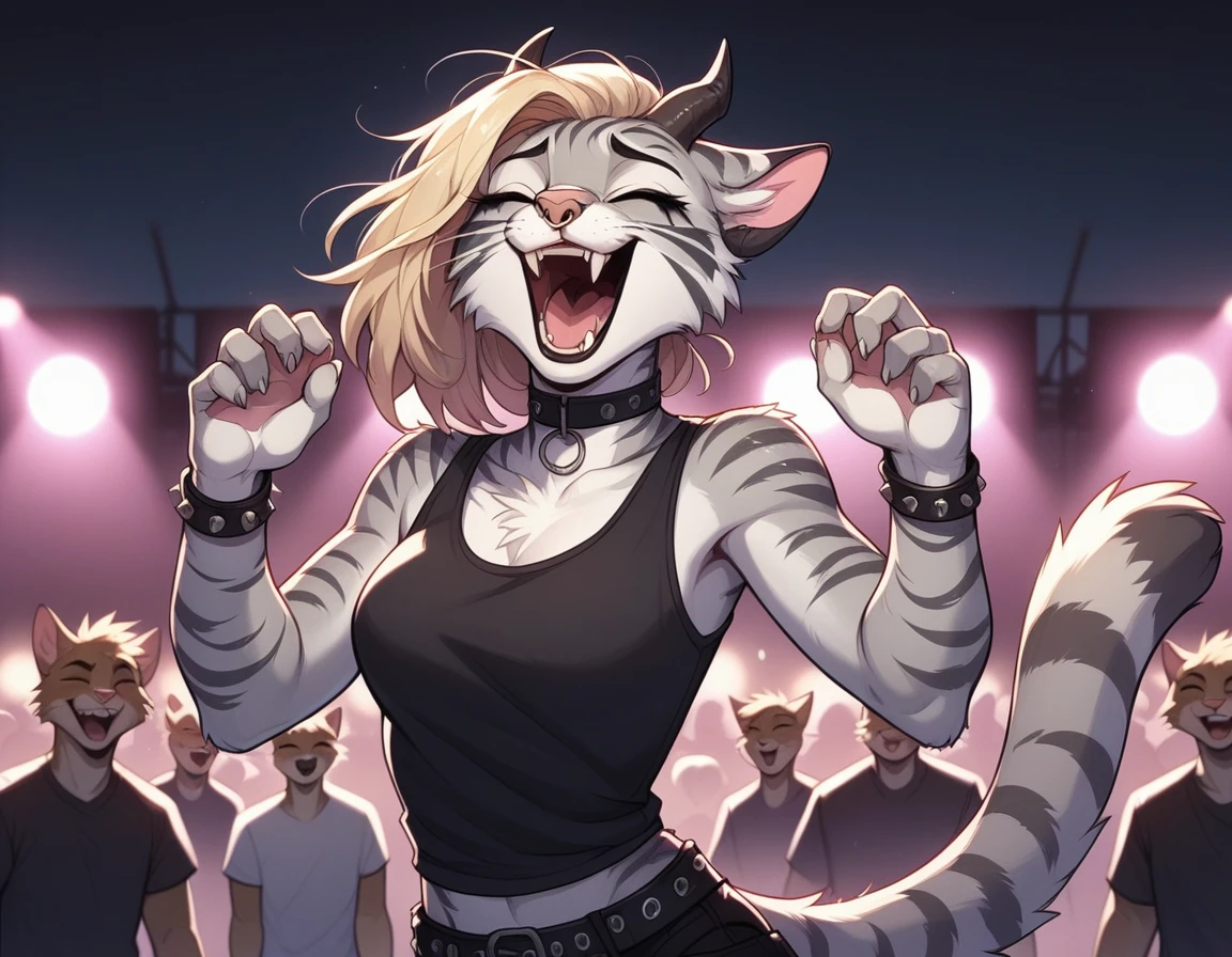 score_9,score_8_up,score_7_up, score_6_up, score_5_up,source_anime, Kat, Anthro furry feline, silver fur, grey stripes on body, closed eyes, furrowed eyebrows, open mouth, long blonde hair, undercut hair, one side of hair shaved, pink nose, :3, female, wearing black tank top, heavy metal band shirt, heavy metal band design on her shirt, black Jean short shorts, black studded bracelets, choker, nose ring, black mascara, gauged ears, simple white background, standing, heavy metal aesthetic, at a concert, metal concert, big crowd of humans, screaming, laughing, throwing hands up, sign of the horns with hands, rock on sign with hands, side view,