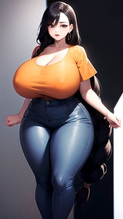 Face:
perfect facial
female adult :
Hair:
with very long black braid hairstyles and very big
Eyes:
with gray eyes
Lips:
with red lips
Chest:
with biggest chest
Upper clothes:
with orange t-shirts and jacket blue
Lower clothes:
with Black Black jeans pants
Body:
with curvy body and very big curvy body
Figure:
Complete figure, full-length