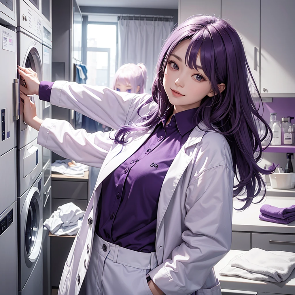 A purple-haired logician woman wearing a white lab coat and purple shirt、Create an image of someone doing laundry in their own apartment.。