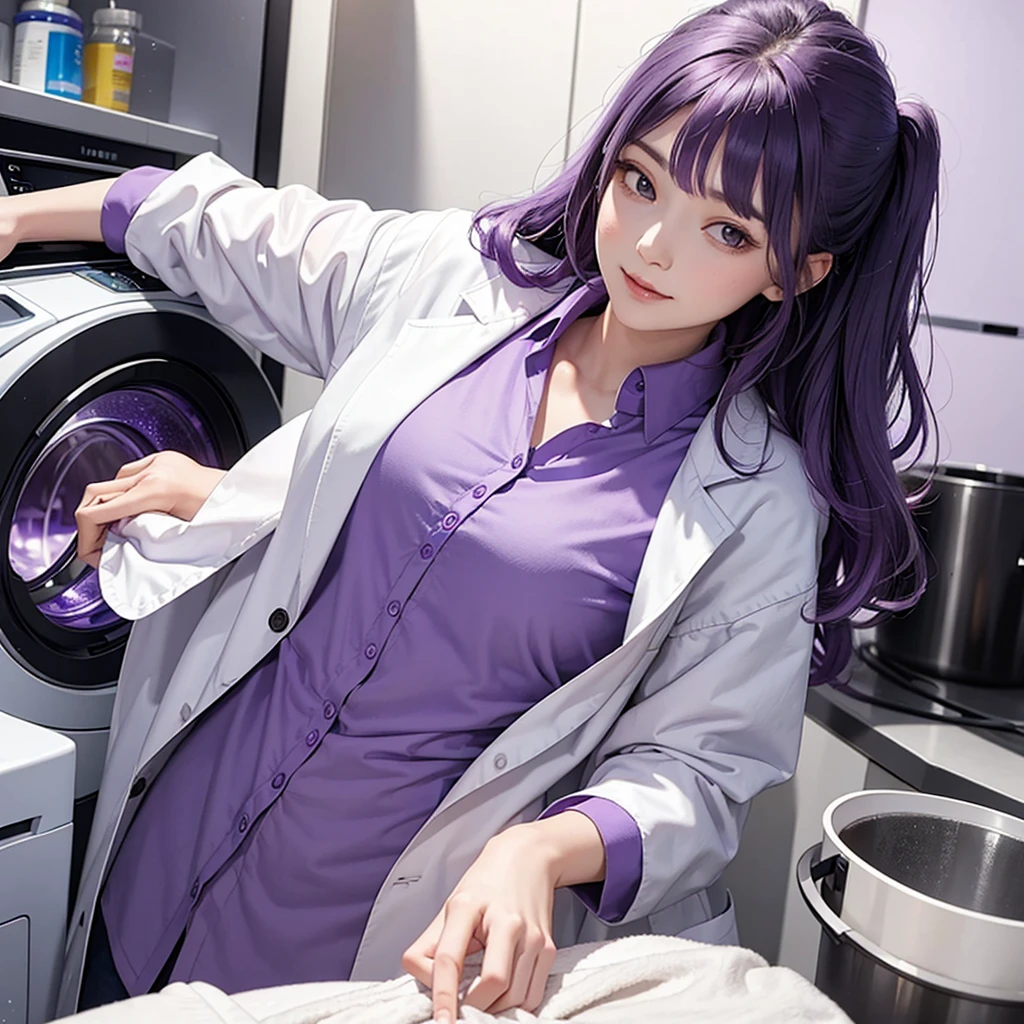 A purple-haired logician woman wearing a white lab coat and purple shirt、Create an image of someone doing laundry in their own apartment.。