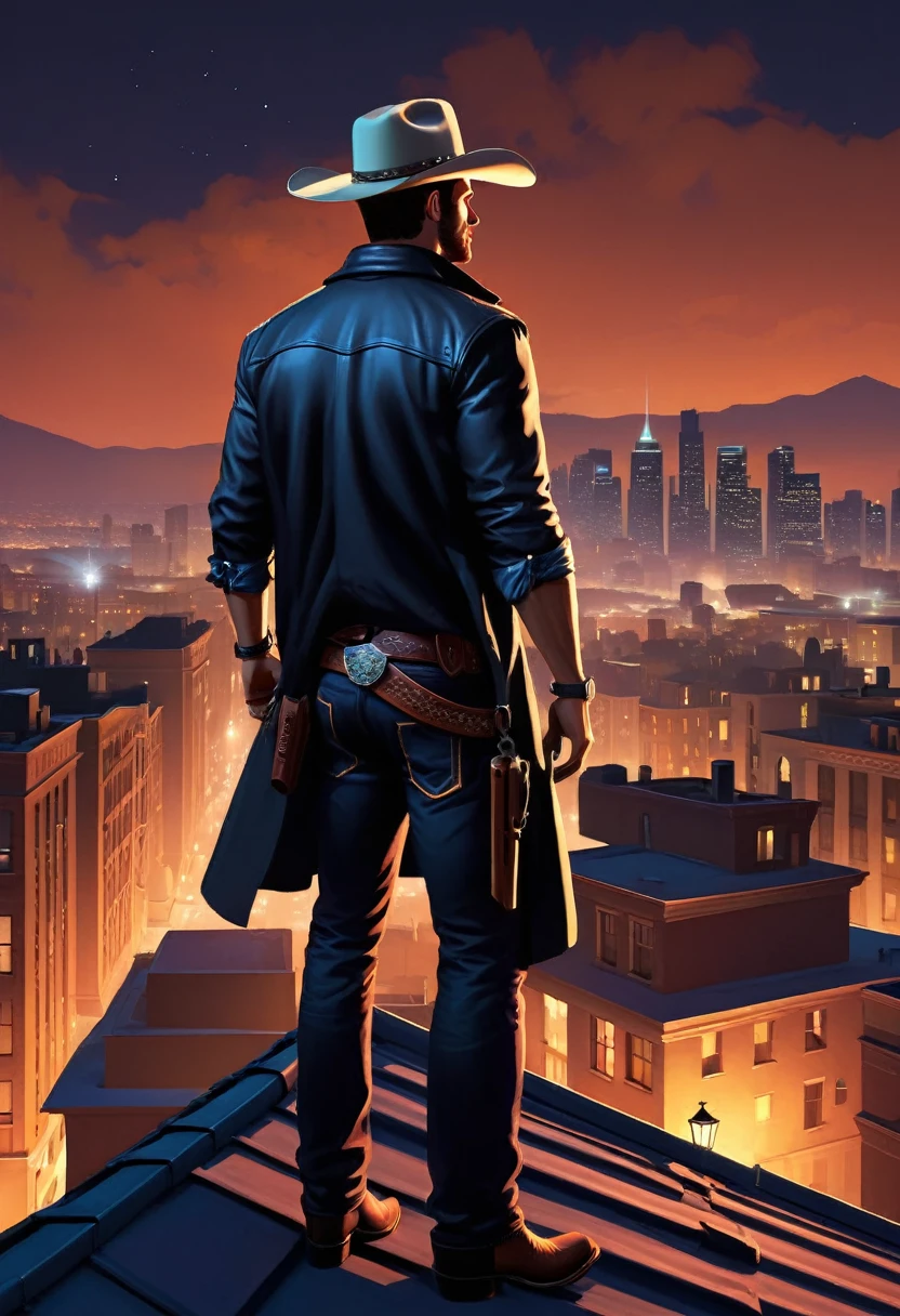 (GTA style:1.5),City Night, On the roof, Brave cowboy