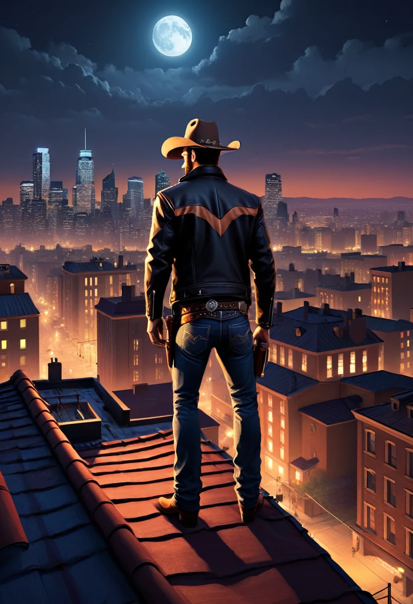 (GTA style:1.5)，City Night， On the roof， Brave cowboy