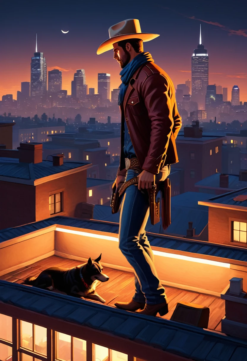 (GTA style:1.5)，City Night， On the roof， Brave cowboy