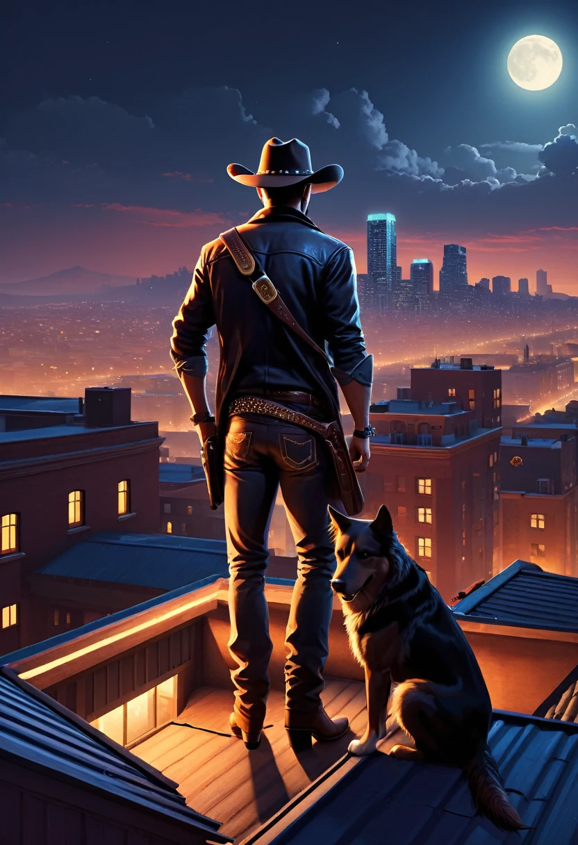 (GTA style:1.5),City Night, On the roof, Brave cowboy