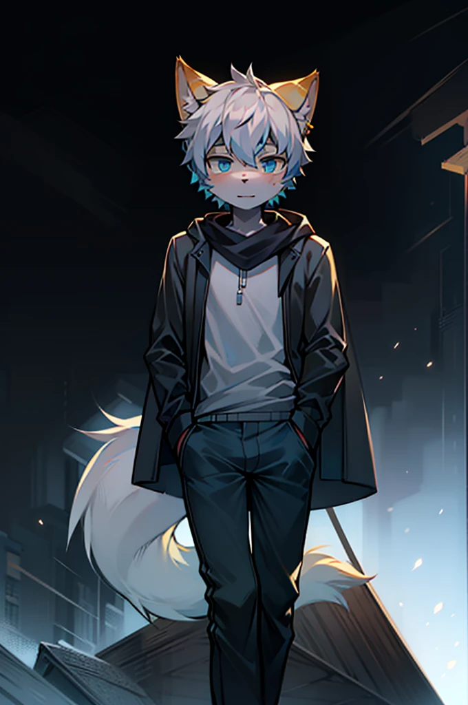 All staff side，walk，Anime style，Dark scene，Large background light source，five characters，The first one：hairy，，Young Style，Handsome，Bright Eyes，Male wolf，Dark blue hair，White hair on the face，Blue Eyes ，Yellow ear hair，Yellow hair around eyes，Tail blue and white，Gray blue coat，Casual shorts，With a hood，Height 1.6 meters，Calm。The second：hairy，15 years old，Lovely，Male cats，White eyes，Blonde hair，White hair on face，Yellow and white tail，Grey short-sleeved shorts，casual-style，Height 1.6 meters，Wearing a cape，optimistic。The third：Furry Anthropomorphic，Deep eyes，16 years old，Handsome，Ma-black hair，Big gray tail，Wrapped in a black scarf，Wearing a grey coat，Hands in pockets，trousers，Height 1.7 meters，mysterious，Calm。The fourth：Furry Anthropomorphic，Bright Eyes，15 years old，Lovely，Male cats，White r，White eyes，Height 1.6 meters，There are several black tree-like lines on the face，Blue windbreaker and shorts，The tail is slightly pale white，Calm。Fifth：Male yellowish white fur, 17 years old，blue eyes, White hair (long), Wearits and boxer shorts, Casual Clothing, Young Style, Height 1.7 meters, Handsome, Has a tail，Bright Eyes。