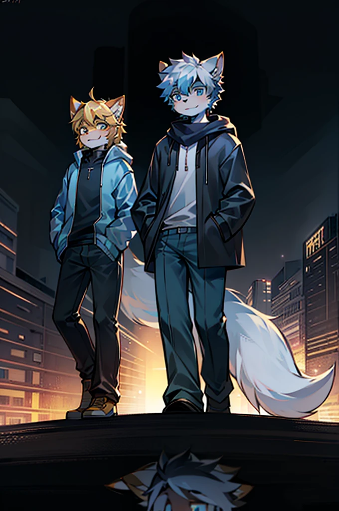 All staff side，walk，Anime style，Dark scene，Large background light source，five characters，The first one：hairy，************，Young Style，Handsome，Bright Eyes，Male wolf，Dark blue hair，White hair on the face，Blue Eyes ，Yellow ear hair，Yellow hair around eyes，Tail blue and white，Gray blue coat，Casual shorts，With a hood，Height 1.6 meters，Calm。The second：hairy，15 years old，Bright Eyes，Lovely，Male cats，White eyes，Blonde hair，White hair on face，Yellow and white tail，Grey short-sleeved shorts，casual-style，Height 1.6 meters，Wearing a cape，optimistic。The third：Furry Anthropomorphic，Deep eyes，************，Handsome，Male wolf，Gray-black hair，Big gray tail，Wrapped in a black scarf，Wearing a grey coat，Hands in pockets，trousers，Height 1.7 meters，mysterious，Calm。The fourth：Furry Anthropomorphic，Bright Eyes，15 years old，Lovely，Male cats，White hair all over，White eyes，Height 1.6 meters，There are several black tree-like lines on the face，Blue windbreaker and shorts，The tail is slightly pale white，Calm。Fifth：Male yellowish white fur, ************，blue eyes, White hair (long), Wearing blue shorts and boxer shorts, Casual Clothing, Young Style, Height 1.7 meters, Handsome, Has a tail，Bright Eyes。