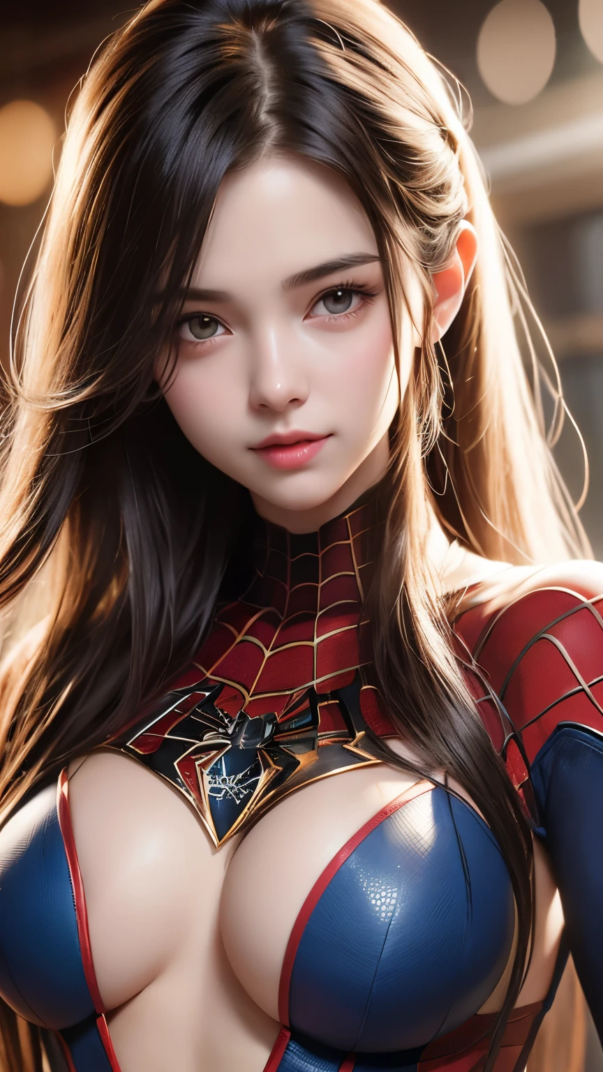 A close-up head and chest portrait of a pretty and cute girl, length hair, topless, vulgar tight tits, ripe tits, wearing spiderman costume and mask, cute appearance. The highly detailed digital rendering captures every aspect of her beauty, from her delicate features to the intricate.