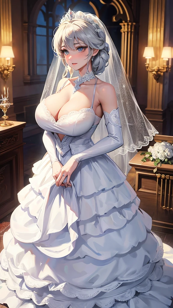 Princess Elsa from frozen with huge breasts with a micro bra and a wedding dress with a huge lace neckline with a veil and bouquet in the winter