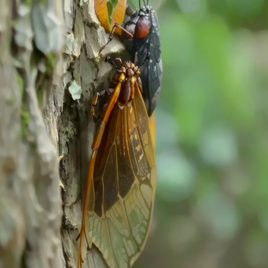 Close up of cicada on tree trunk,Background blur, that looks like a insect, The city government is a tree, Cicada Wings, detailed. insect like, insect, strange giant insects, insectile forearms folded, giant insects, Locusts and flies, insectoid, Saliva flies out of mouth, insect wings, ❤🔥🍄🌪