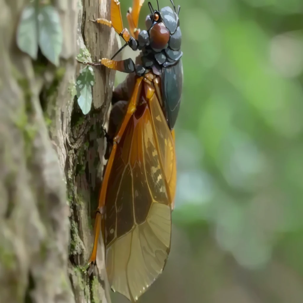 Close up of cicada on tree trunk，Background blur, that looks like a insect, The city government is a tree, Cicada Wings, detailed. insect like, insect, strange giant insects, insectile forearms folded, giant insects, Locusts and flies, insectoid, Saliva flies out of mouth, insect wings, ❤🔥🍄🌪