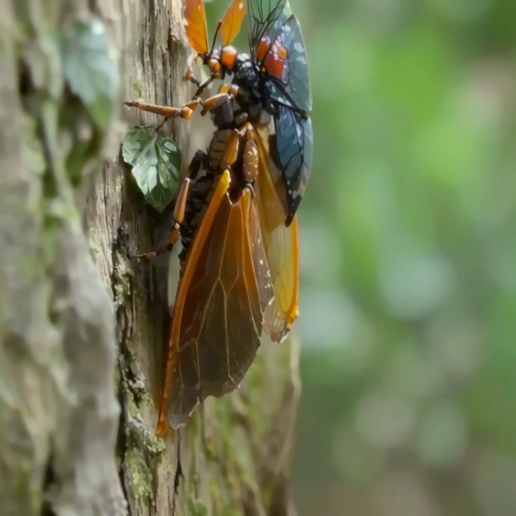 Close up of cicada on tree trunk,Background blur, that looks like a insect, The city government is a tree, Cicada Wings, detailed. insect like, insect, strange giant insects, insectile forearms folded, giant insects, Locusts and flies, insectoid, Saliva flies out of mouth, insect wings, ❤🔥🍄🌪