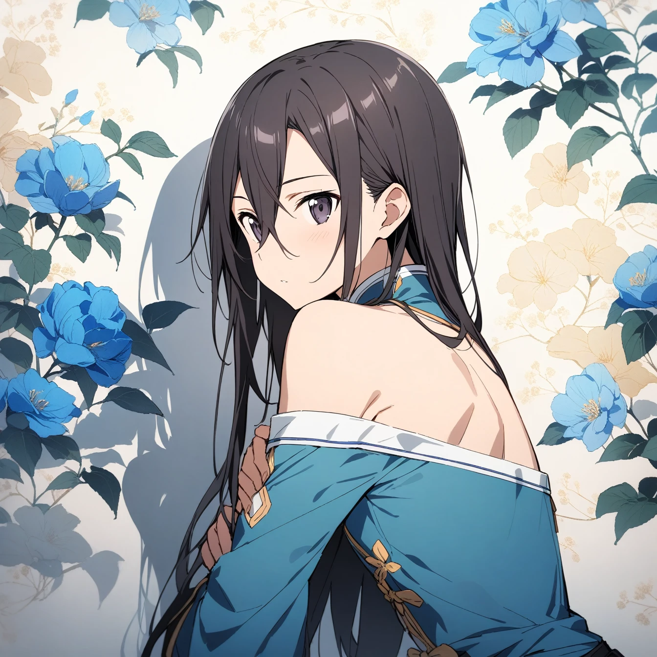 masterpiece,best quality,1 boy, male focus, kirito \(Sao-ggo\), Sword Art Online,very beautiful,Chinese style,Guild clothing,Oriental wallpaper,flower,blue tint,Natural light,soft light，White background，shadow,black hair,The character is in the middle of the picture，Half body，Off the shoulders