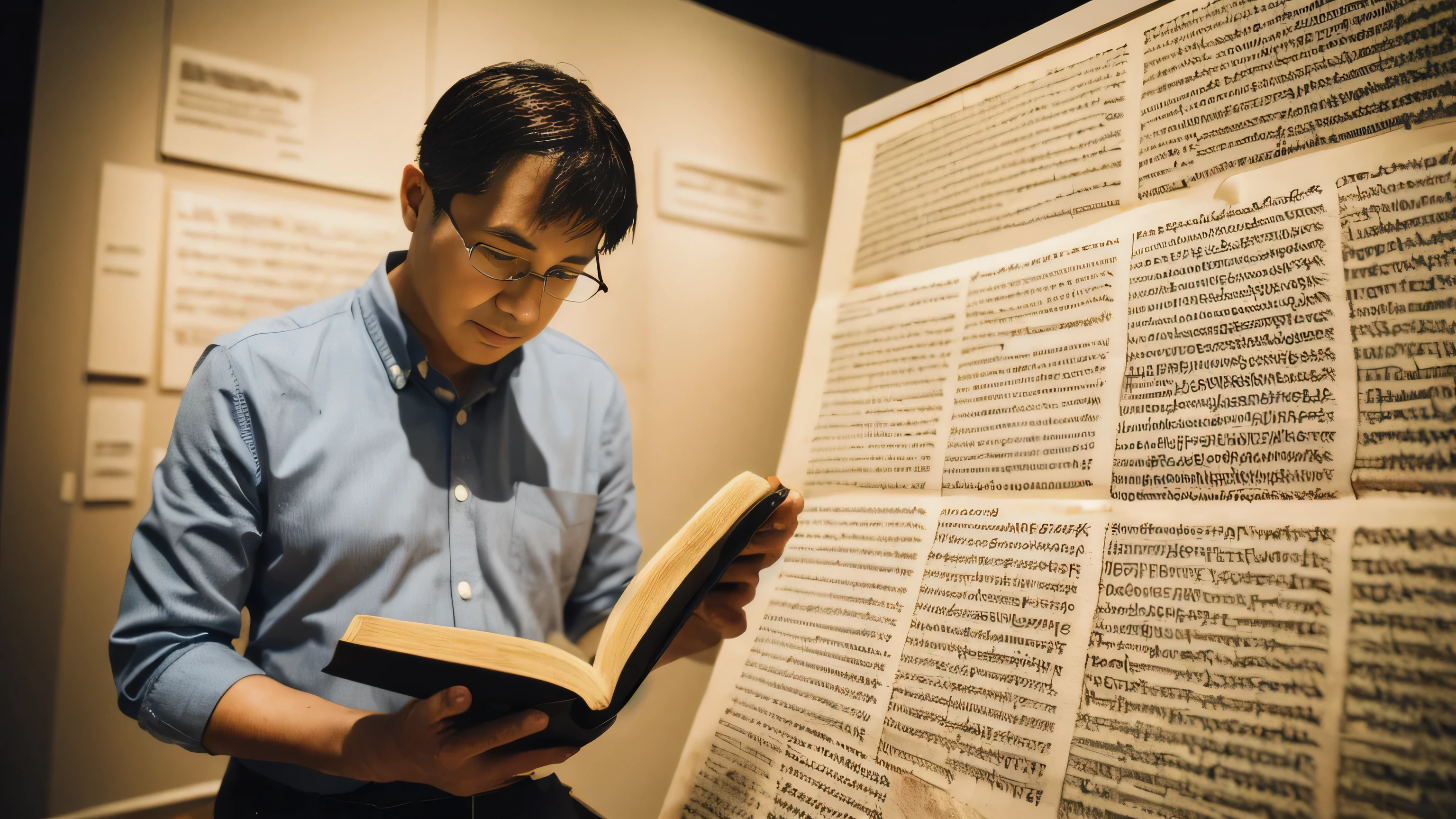 A middle-aged man reading the Bible、archeology、Hebrew、Open Bible、Historical documents、Bible Manuscripts、Outdated、museum、high resolution