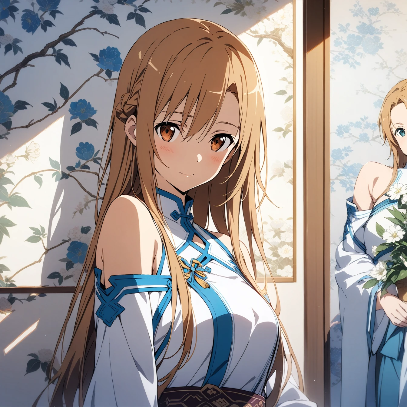 masterpiece,best quality,1 girl, asuna \(Star\), Sword Art Online,very beautiful,Chinese style,Guild clothing,Oriental wallpaper,flower,blue tint,Natural light,soft light,White background,shadow,brown hair,The character is in the middle of the picture,Half body,Off the shoulders