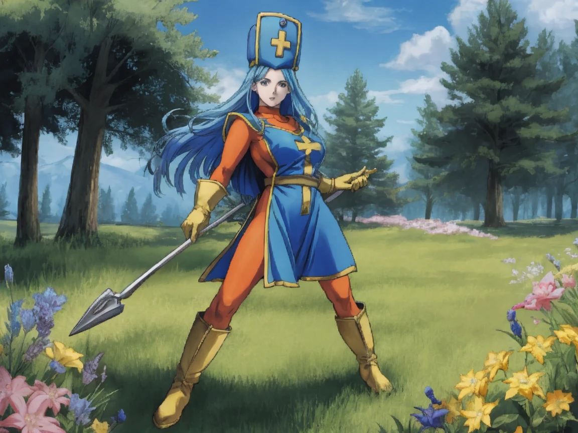 masterpiece, best quality, ultra-detailed, illustration, sage_(dq3), 1girl, (holding staff, staff:1.3), solo, long hair, blue hair, long blue mitre, blue eyes, large breasts, yellow gloves, (skintight fullbody orange leotard:1.2), blue front dress, yellow boots, holding out her priestess staff, standing, full body, grass, wind lift, simple background - nature background, BREAK, JRPG-style surrounded by monsters on the open meadow, (battle-stance:1.5), 