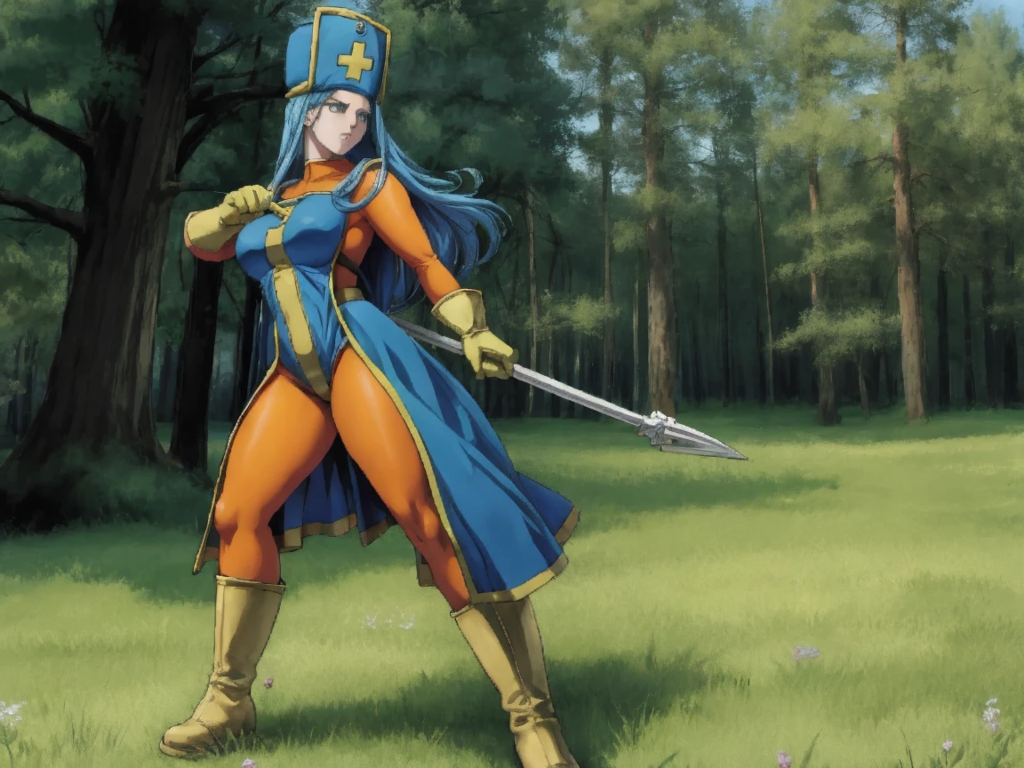 masterpiece, best quality, ultra-detailed, illustration, sage_(dq3), 1girl, (holding staff, staff:1.3), solo, long hair, blue hair, long blue mitre, blue eyes, large breasts, yellow gloves, (skintight fullbody orange leotard:1.2), blue front dress, yellow boots, holding out her priestess staff, standing, full body, grass, wind lift, simple background - nature background, BREAK, JRPG-style surrounded by monsters on the open meadow, (battle-stance:1.5), 