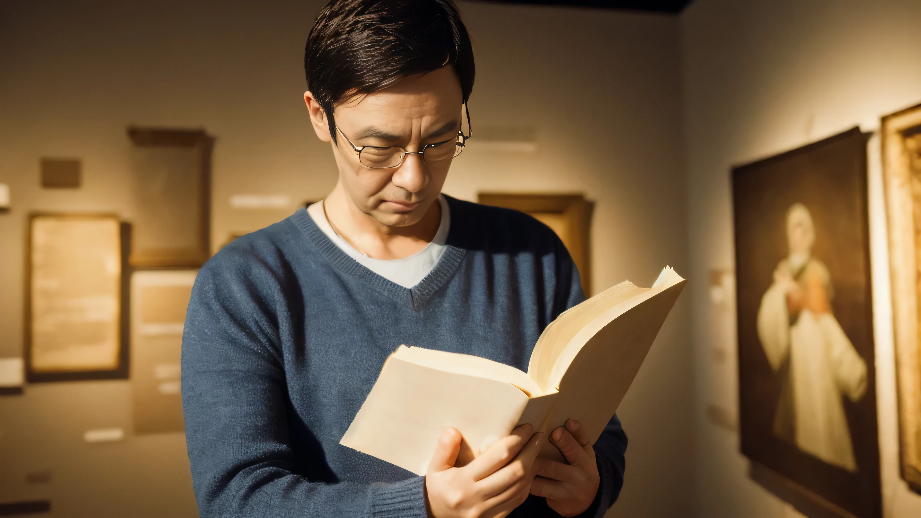 A middle-aged man reading the Bible、archeology、Hebrew、Open Bible、Historical documents、Bible Manuscripts、Outdated、museum、high resolution