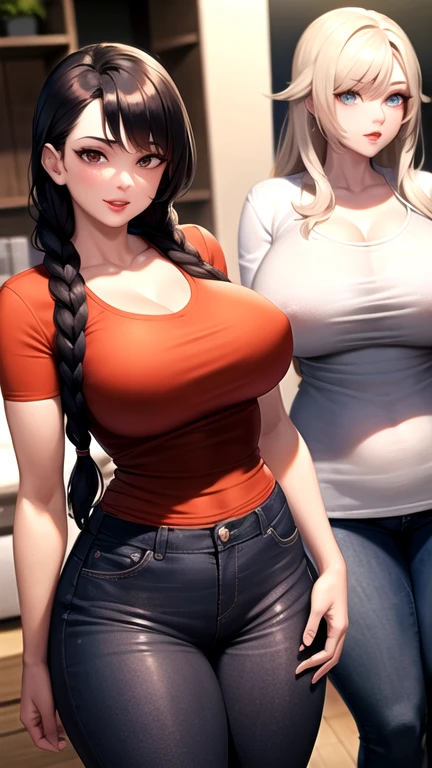 Face:
perfect facial
female adult :
Hair:
with very long black braid hairstyles and very big
Eyes:
with gray eyes
Lips:
with red lips
Chest:
with biggest chest
Upper clothes:
with orange t-shirts and jacket blue
Lower clothes:
with Black Black jeans pants
Body:
with curvy body and very big curvy body
Figure:
Complete figure, full-length