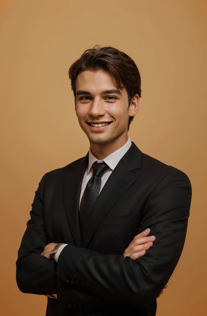 Frontal view , Portrait of man in black suit smiling , orange background editorial style highdefinition ultrarealistic details in the style of portrait photography