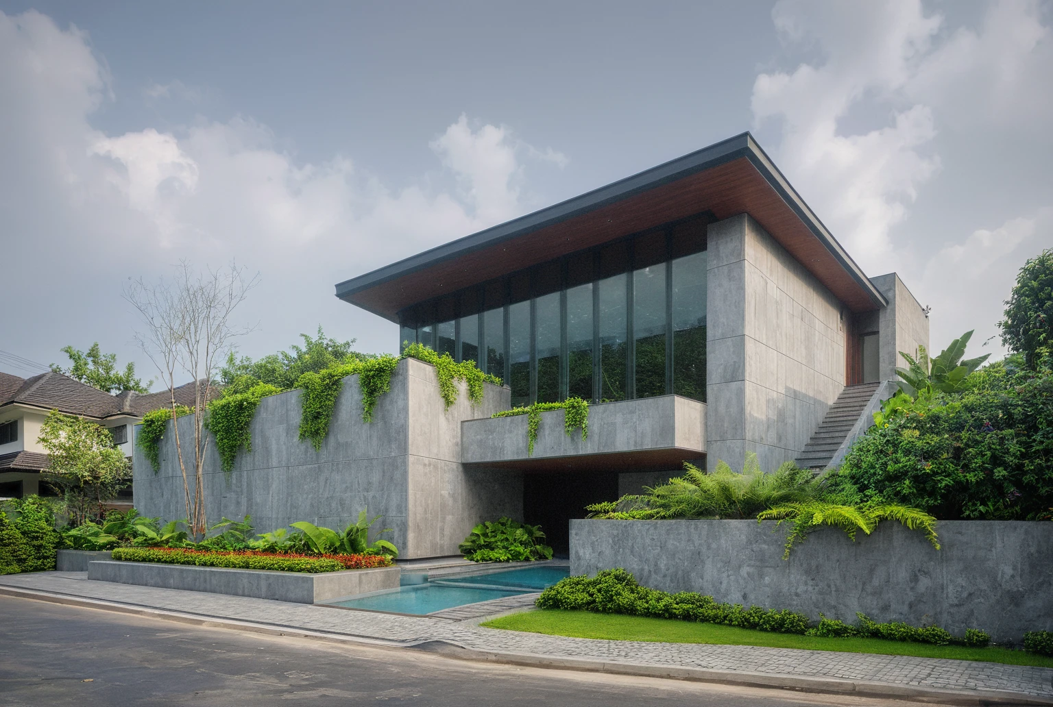modern villa on street, (daylight), tropical tree, green shrub and plants, vivid color, streetcapes, foggy, moody, large glass, solid concrete, minimalist design, brigth grey tone, large glass door, warm interior lighting, modern material, best quality, ultra realistic, masterpiece, 
