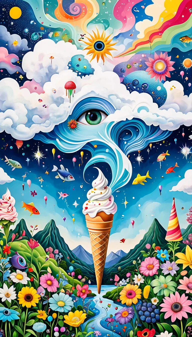 Children's graffiti,Artists from the stars,Ice cream cones、Eruption Cloud、sky、flowesh、章fish触手瀑布。、bird、Eye、diatom,Abstract mosaic painting,Describing the inner world of autistic people,Large area of white,interesting,Innocence,Vision,Psychedelic Art,