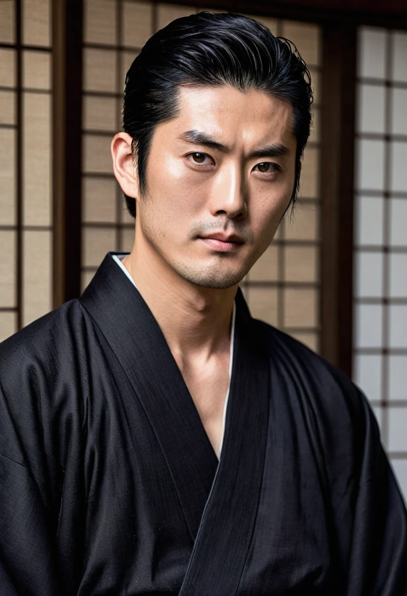 Handsome Japanese man with black eyes, dark hair, and masculine build. He is wearing a black kimono.