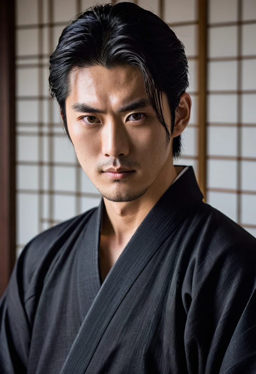 Handsome Japanese man with black eyes, dark hair, and masculine build. He is wearing a black kimono. 