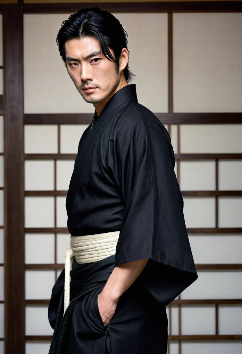 Handsome Japanese man with black eyes, dark hair, and masculine build. He is wearing a black kimono.