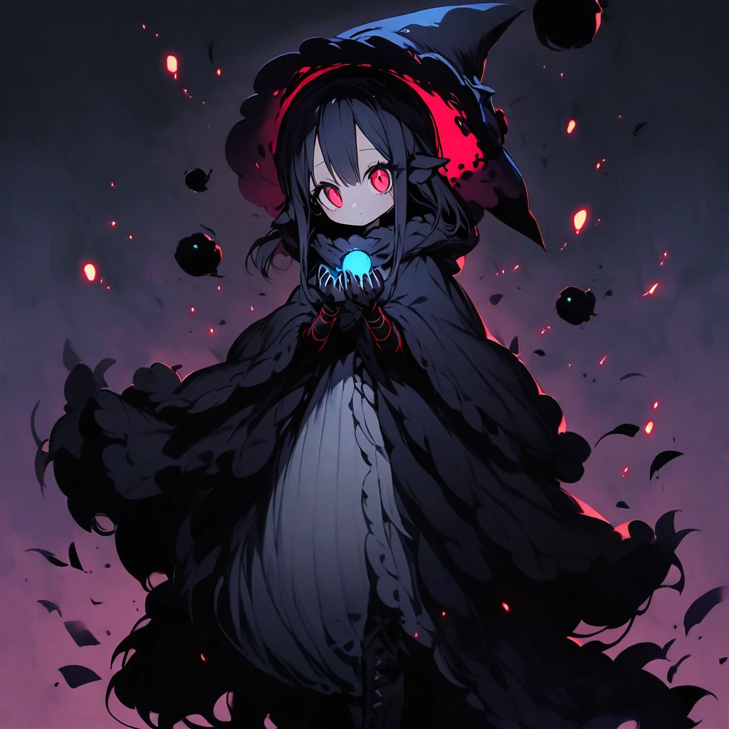 (well done: 1) small creature made completely of darkness, black hair, long straight hair, black sheep ears, black sheep tail, large hat, large white eyes, black poncho with hood, white dress stripped underneath, black boots .